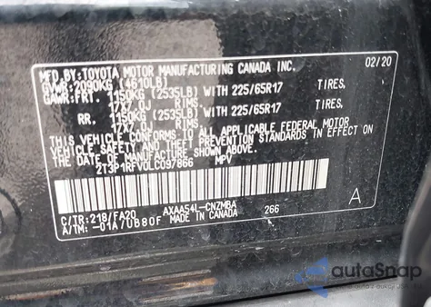 2020 Toyota Rav4 Xle из США, поврежденный, VIN 2T3P1RFV0LC097866